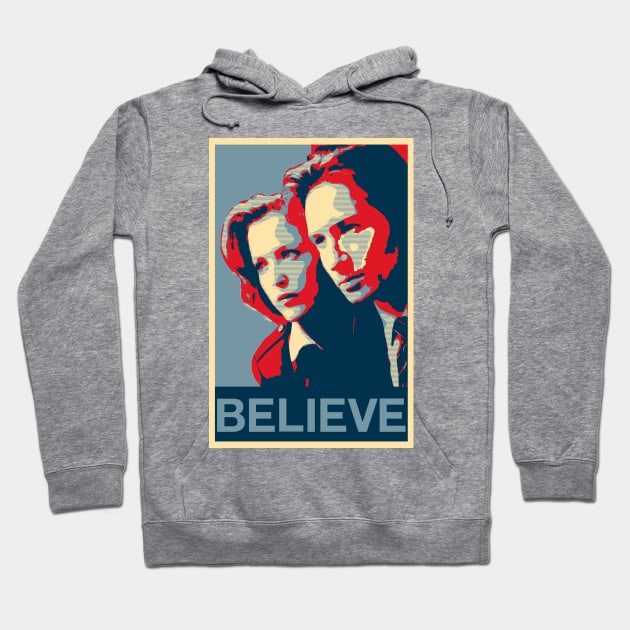Scully and Mulder BELIEVE Poster Hoodie by Mia's Designs